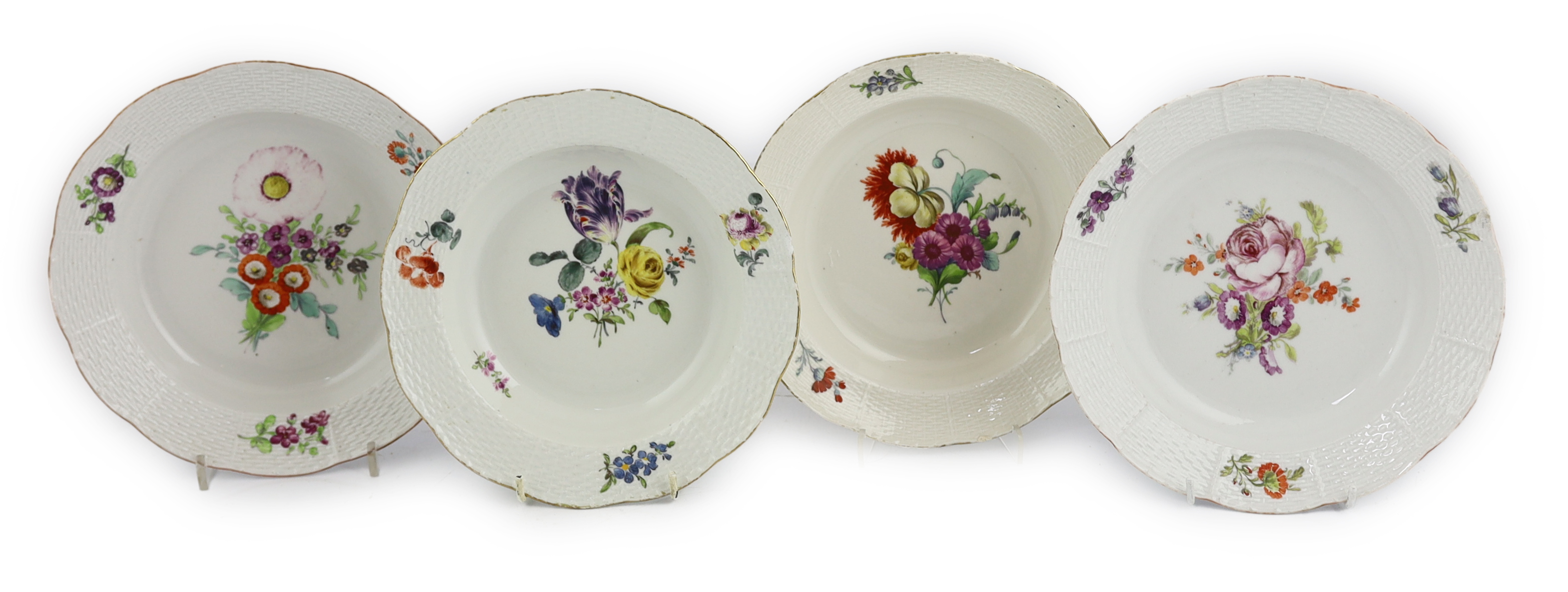 Three Russian Imperial porcelain soup plates from Catherine the Great (1762-96) ‘Everyday Service’ and one similar Meissen soup plate